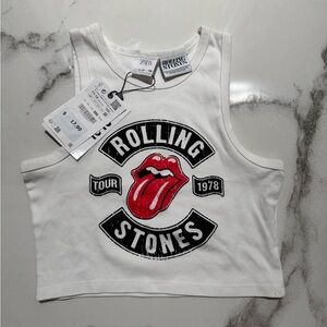 Zara White Cropped Tank with Red Rolling Stones Logo
